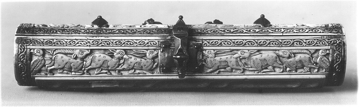 Pen Box, Ivory; carved; copper alloy mounts