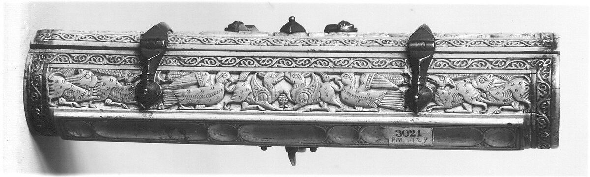 Pen Box, Ivory; carved; copper alloy mounts