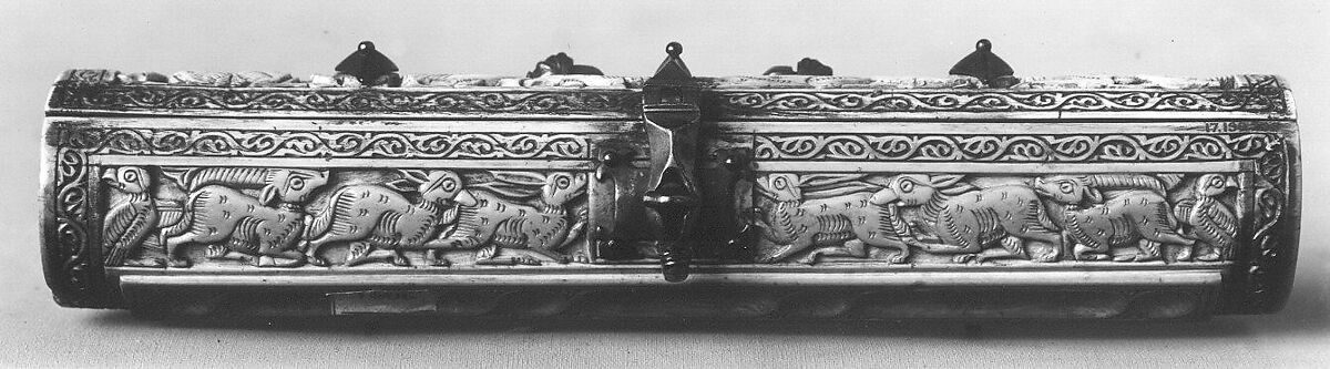 Pen Box, Ivory; carved; copper alloy mounts