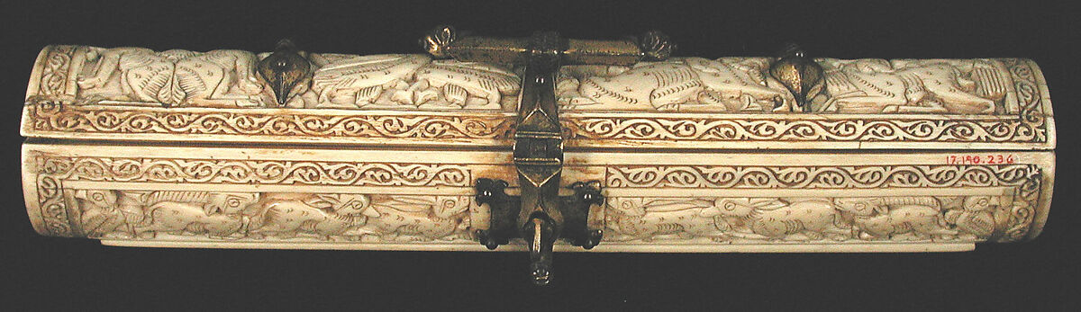 Pen Box, Ivory; carved; copper alloy mounts