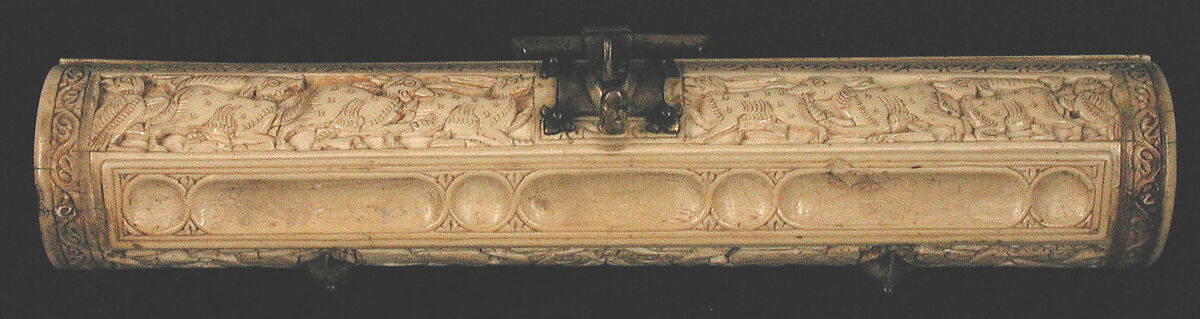Pen Box, Ivory; carved; copper alloy mounts