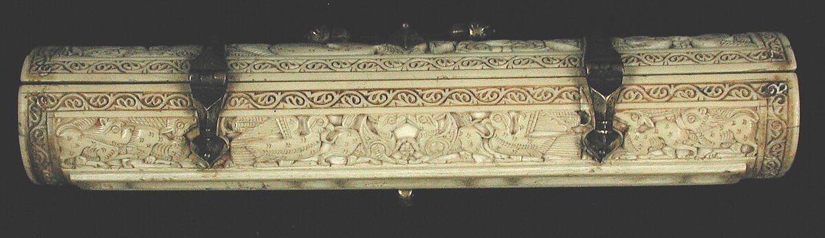 Pen Box, Ivory; carved; copper alloy mounts