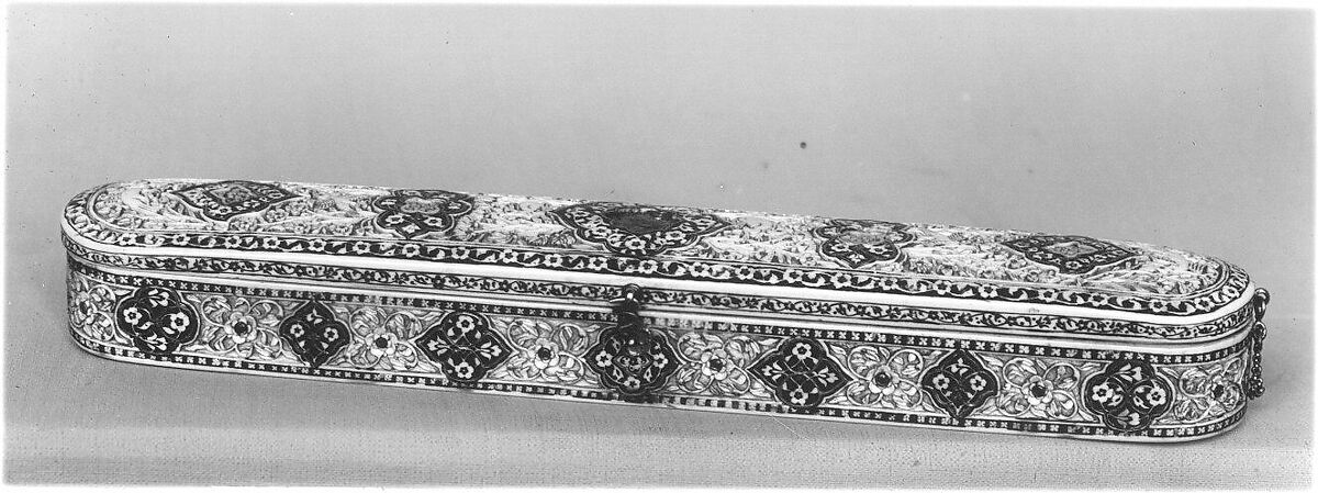 Pen Box with Flowers, Birds and Animals, Ivory; carved, incised, and inlaid with black lacquer and gold