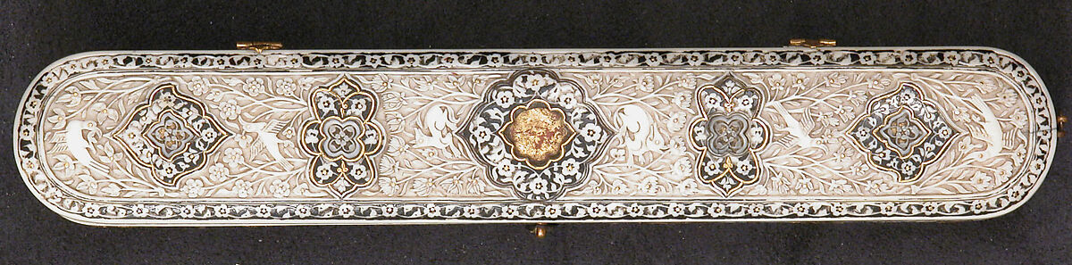 Pen Box with Flowers, Birds and Animals, Ivory; carved, incised, and inlaid with black lacquer and gold 