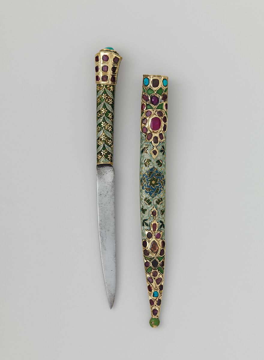 Knife and Sheath, Silver; gilded, enameled, and set with rubies over foil and turquoise 