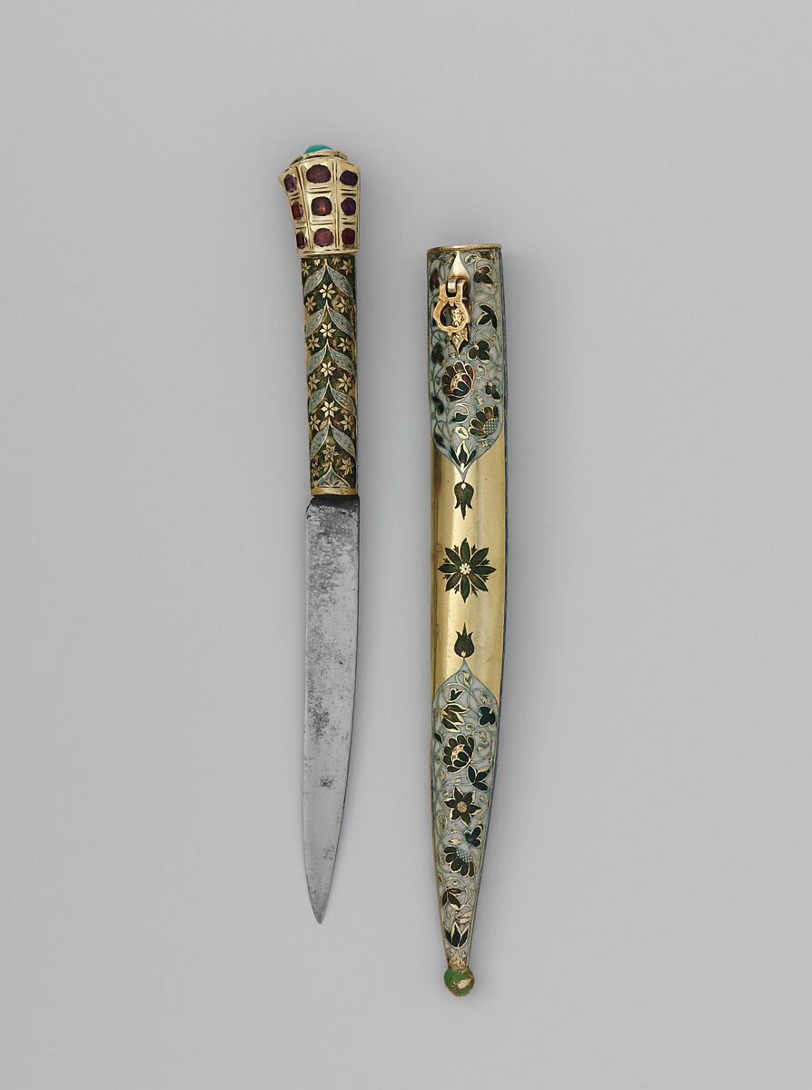 Knife and Sheath, Silver; gilded, enameled, and set with rubies over foil and turquoise