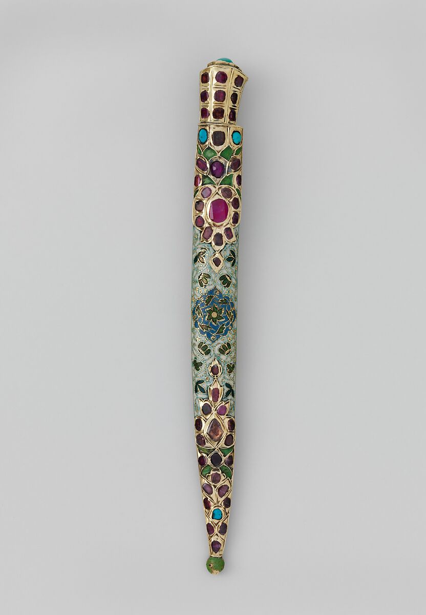 Knife and Sheath, Silver; gilded, enameled, and set with rubies over foil and turquoise