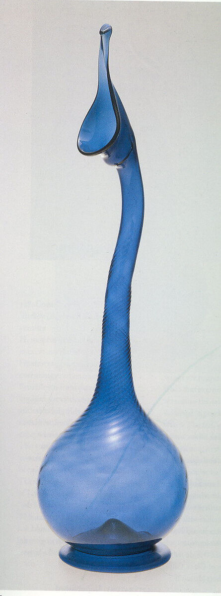 Swan-Neck Glass Bottle, Glass, blue; dip-molded, blown, folded foot