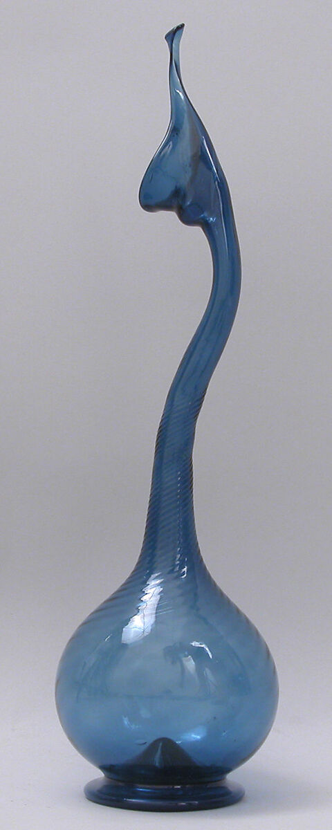 Swan-Neck Glass Bottle, Glass, blue; dip-molded, blown, folded foot
