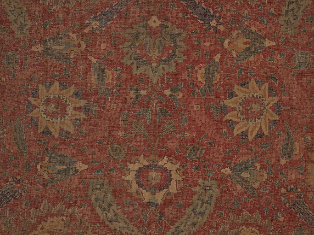 Carpet, Cotton (warp and weft), wool (pile); asymmetrically knotted pile