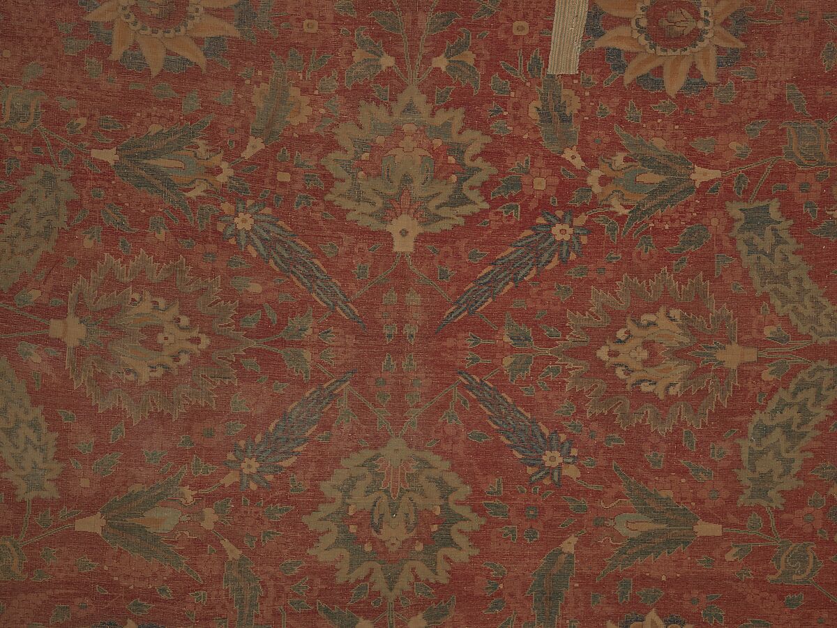 Carpet, Cotton (warp and weft), wool (pile); asymmetrically knotted pile