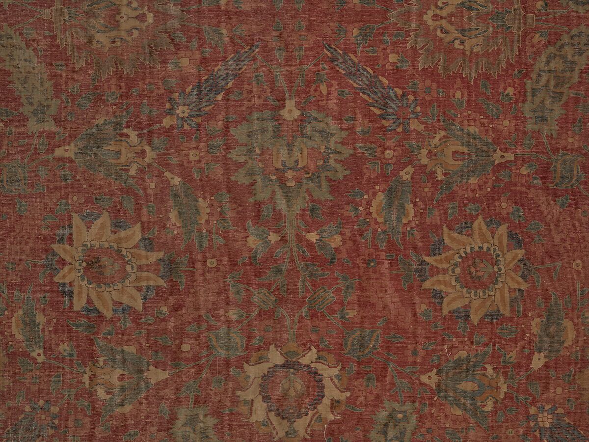 Carpet, Cotton (warp and weft), wool (pile); asymmetrically knotted pile