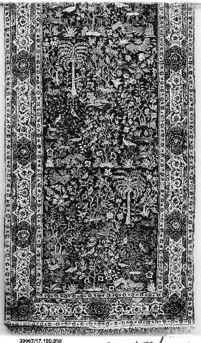 Carpet with Palm Trees, Ibexes, and Birds, Cotton (warp and weft), wool (pile); asymmetrically knotted pile