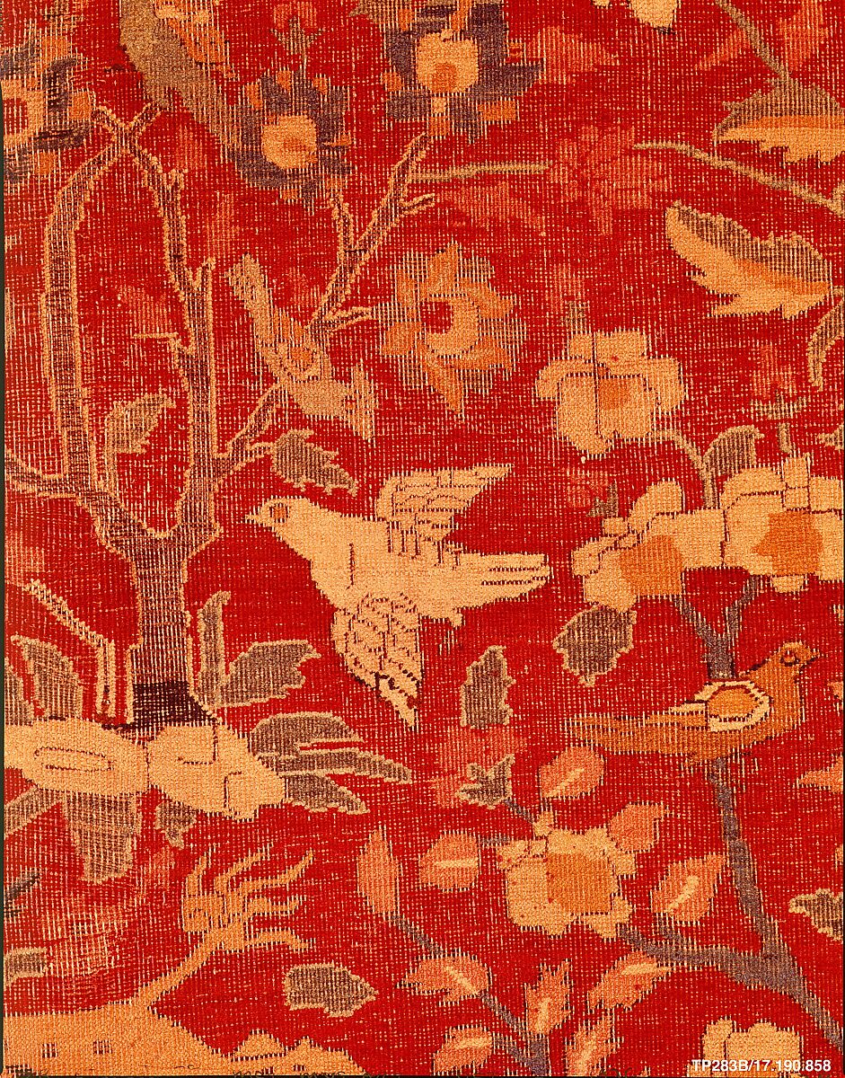 Carpet with Palm Trees, Ibexes, and Birds, Cotton (warp and weft), wool (pile); asymmetrically knotted pile