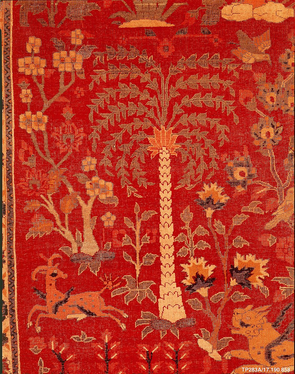 Carpet with Palm Trees, Ibexes, and Birds, Cotton (warp and weft), wool (pile); asymmetrically knotted pile