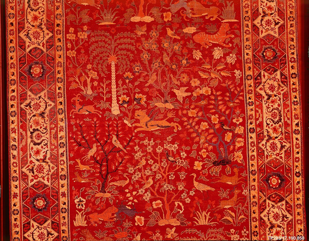 Carpet with Palm Trees, Ibexes, and Birds, Cotton (warp and weft), wool (pile); asymmetrically knotted pile