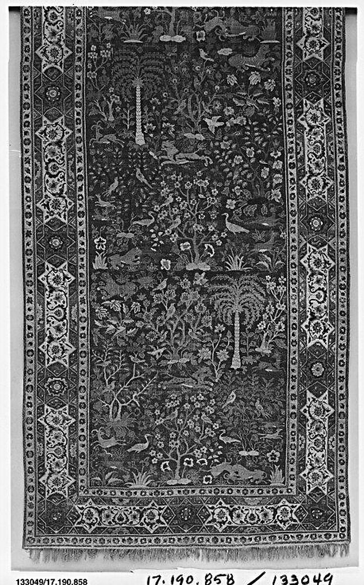 Carpet with Palm Trees, Ibexes, and Birds, Cotton (warp and weft), wool (pile); asymmetrically knotted pile