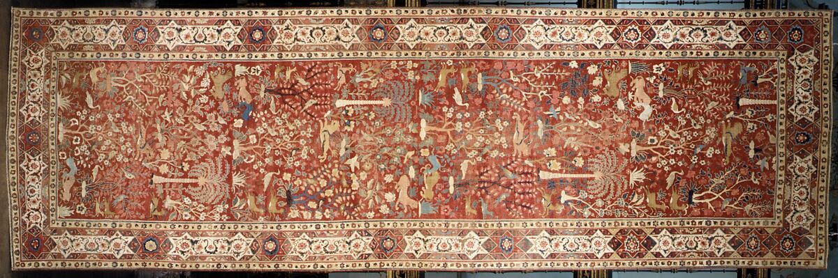 Carpet with Palm Trees, Ibexes, and Birds, Cotton (warp and weft), wool (pile); asymmetrically knotted pile