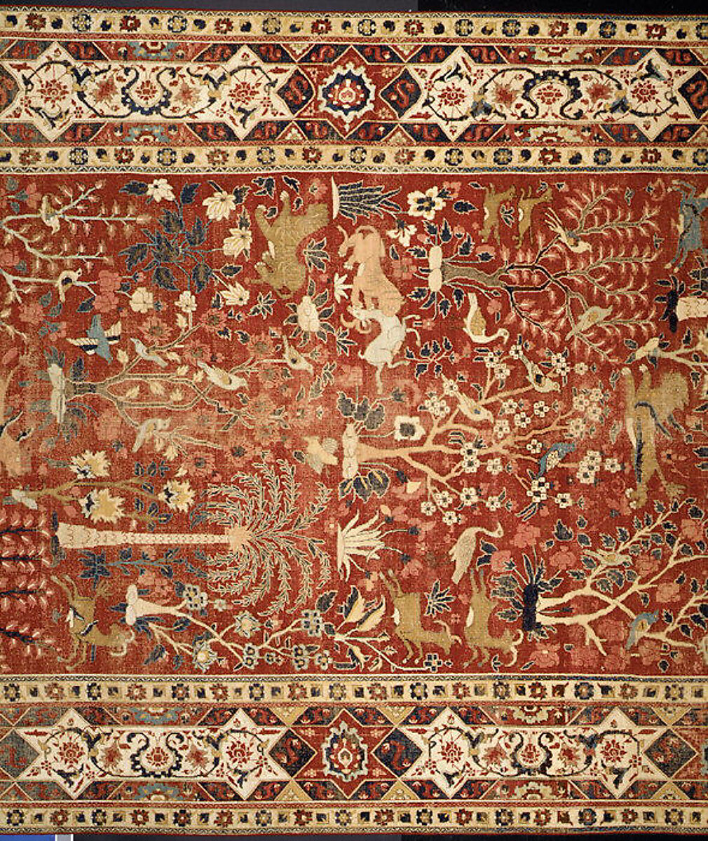Carpet with Palm Trees, Ibexes, and Birds, Cotton (warp and weft), wool (pile); asymmetrically knotted pile