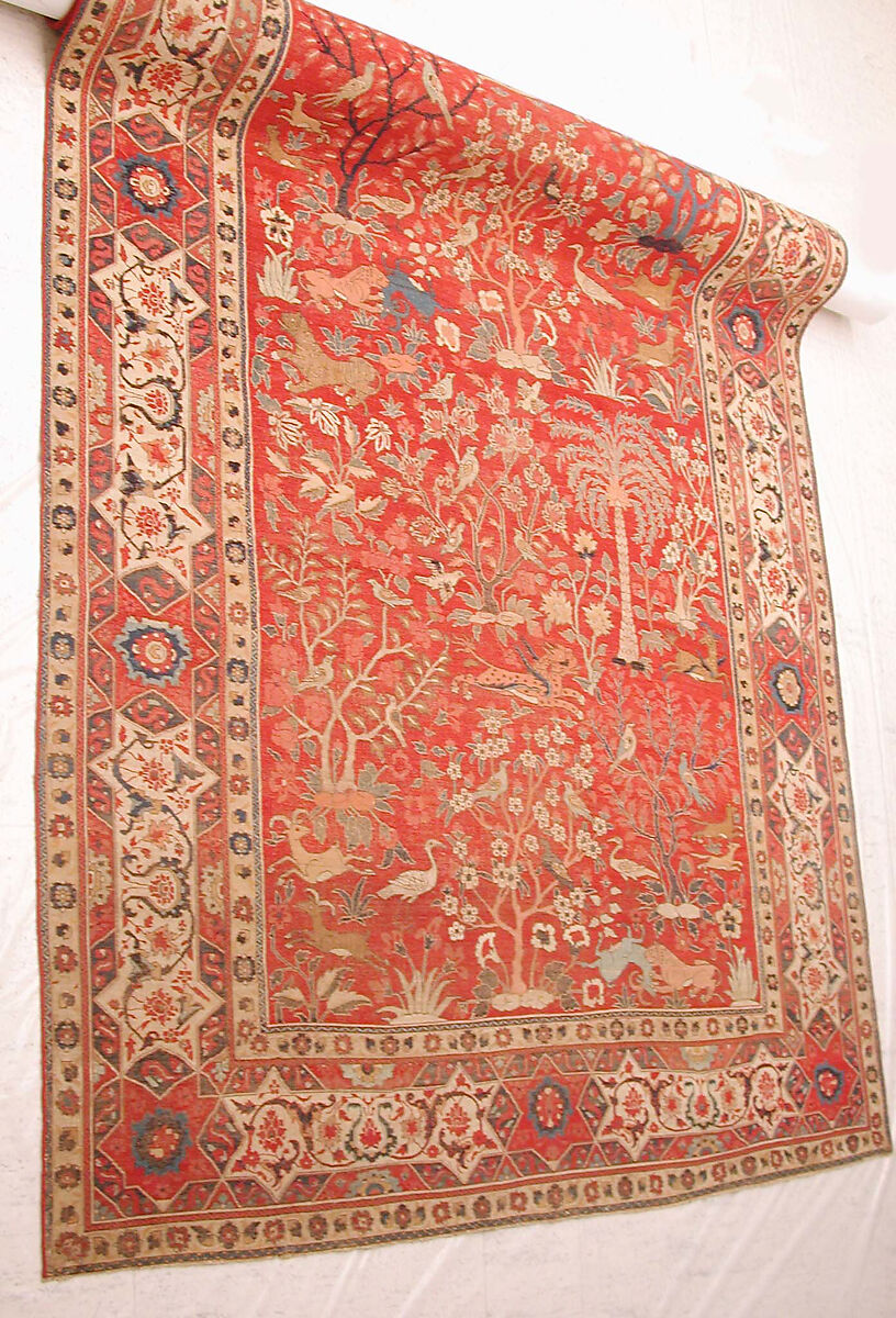 Carpet with Palm Trees, Ibexes, and Birds, Cotton (warp and weft), wool (pile); asymmetrically knotted pile