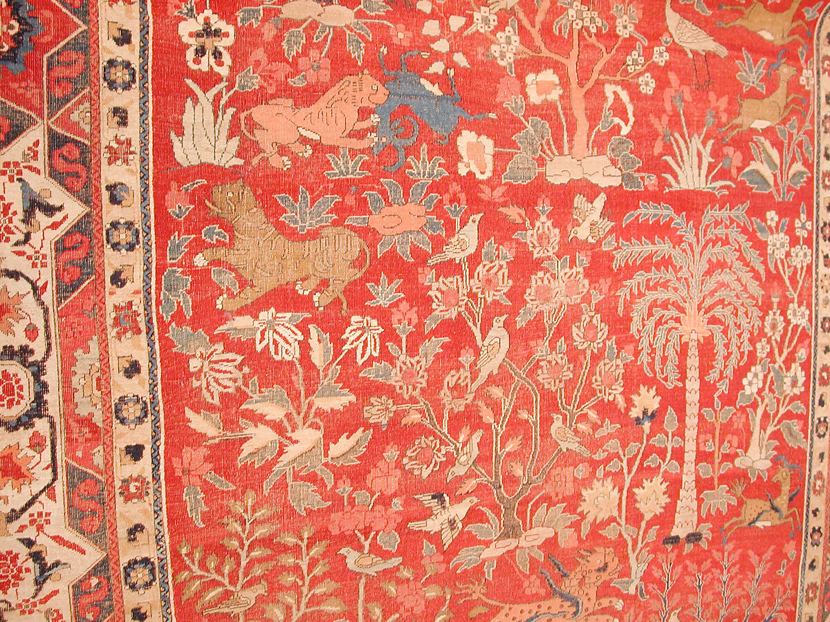 Carpet with Palm Trees, Ibexes, and Birds, Cotton (warp and weft), wool (pile); asymmetrically knotted pile