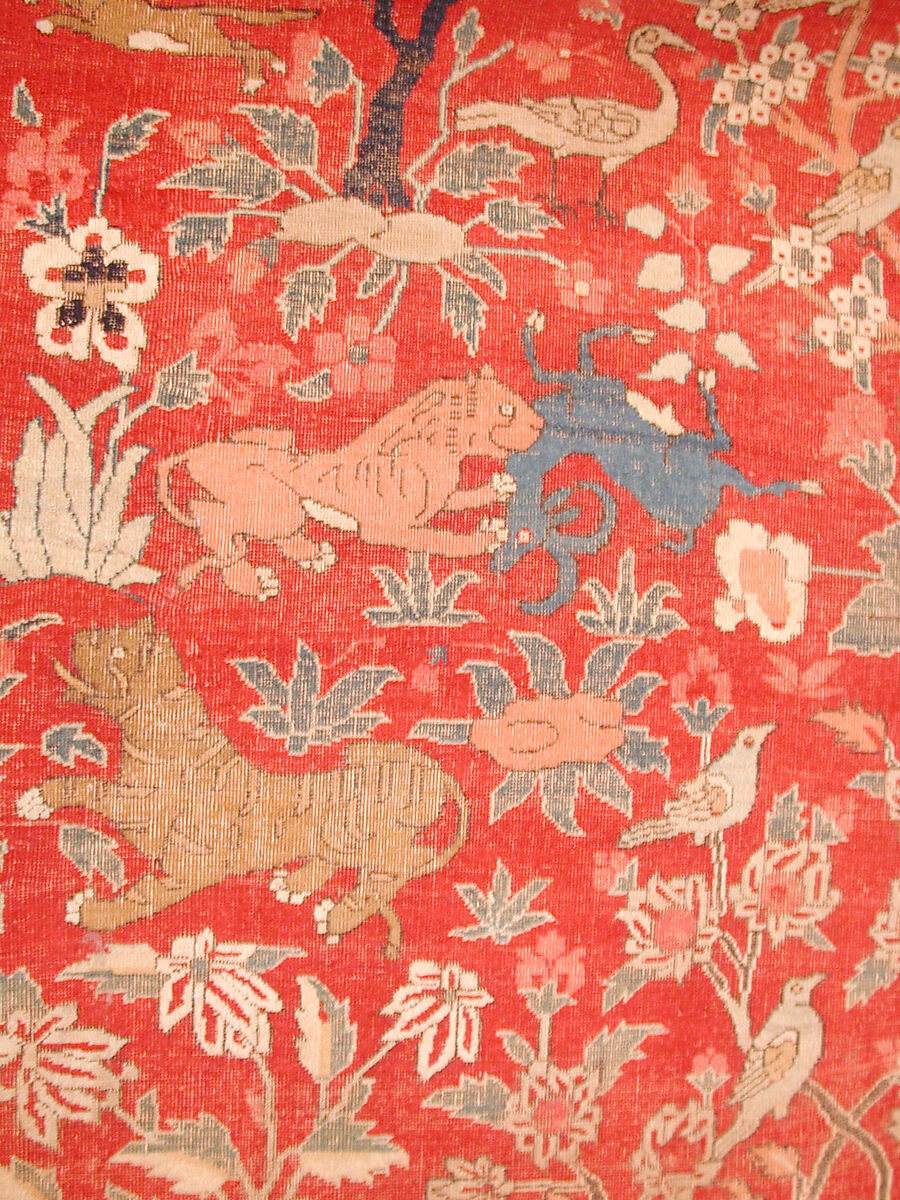 Carpet with Palm Trees, Ibexes, and Birds, Cotton (warp and weft), wool (pile); asymmetrically knotted pile