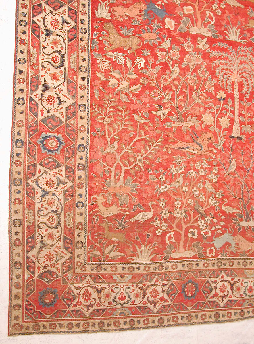 Carpet with Palm Trees, Ibexes, and Birds, Cotton (warp and weft), wool (pile); asymmetrically knotted pile