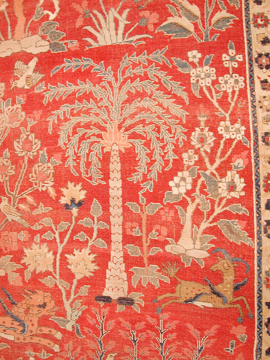 Carpet with Palm Trees, Ibexes, and Birds, Cotton (warp and weft), wool (pile); asymmetrically knotted pile