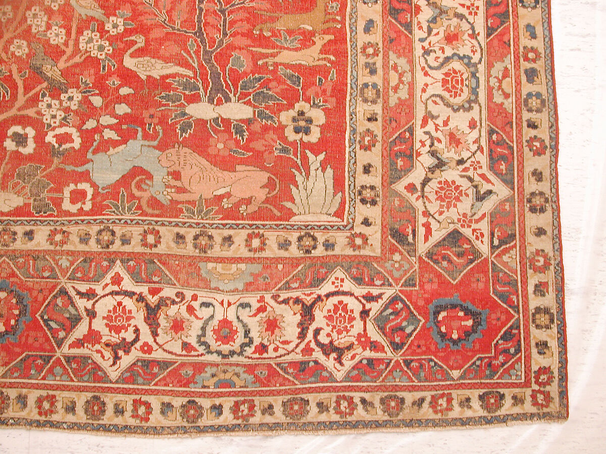 Carpet with Palm Trees, Ibexes, and Birds, Cotton (warp and weft), wool (pile); asymmetrically knotted pile
