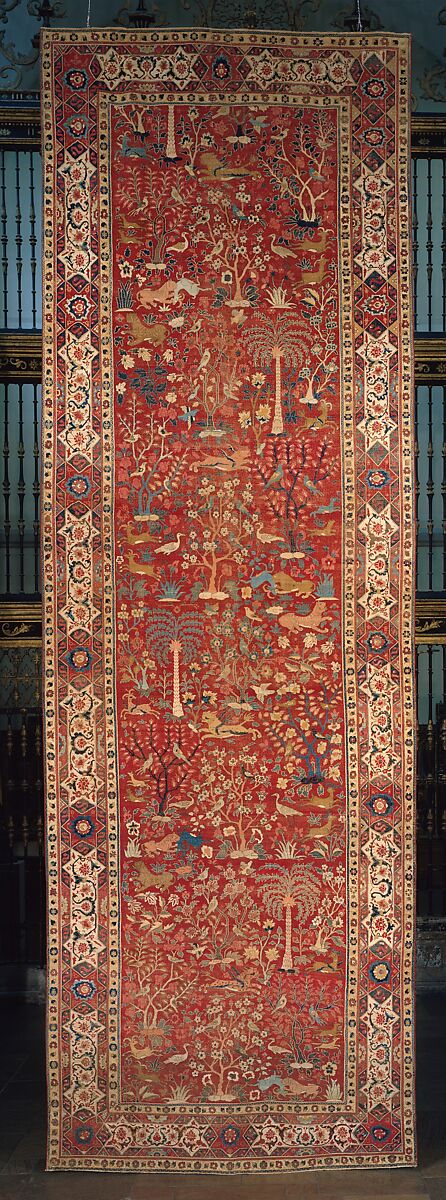 Carpet with Palm Trees, Ibexes, and Birds, Cotton (warp and weft), wool (pile); asymmetrically knotted pile