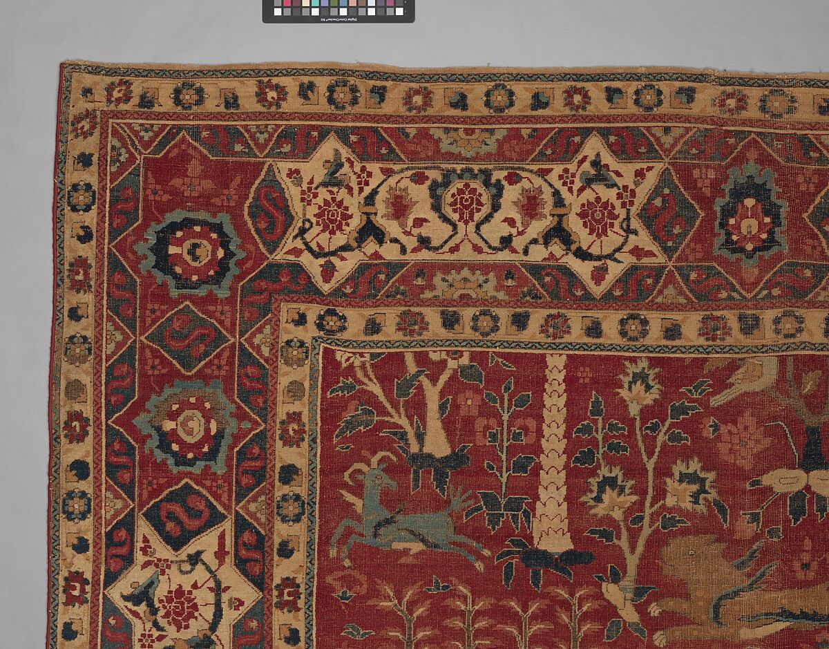 Carpet with Palm Trees, Ibexes, and Birds, Cotton (warp and weft), wool (pile); asymmetrically knotted pile