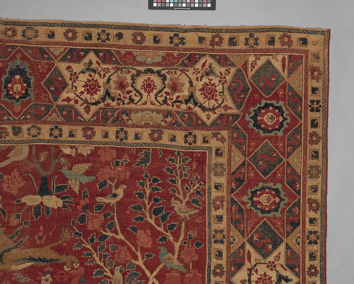 Carpet with Palm Trees, Ibexes, and Birds, Cotton (warp and weft), wool (pile); asymmetrically knotted pile