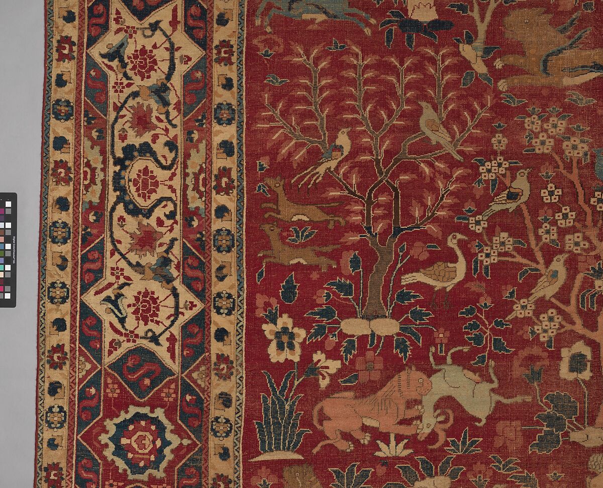 Carpet with Palm Trees, Ibexes, and Birds, Cotton (warp and weft), wool (pile); asymmetrically knotted pile