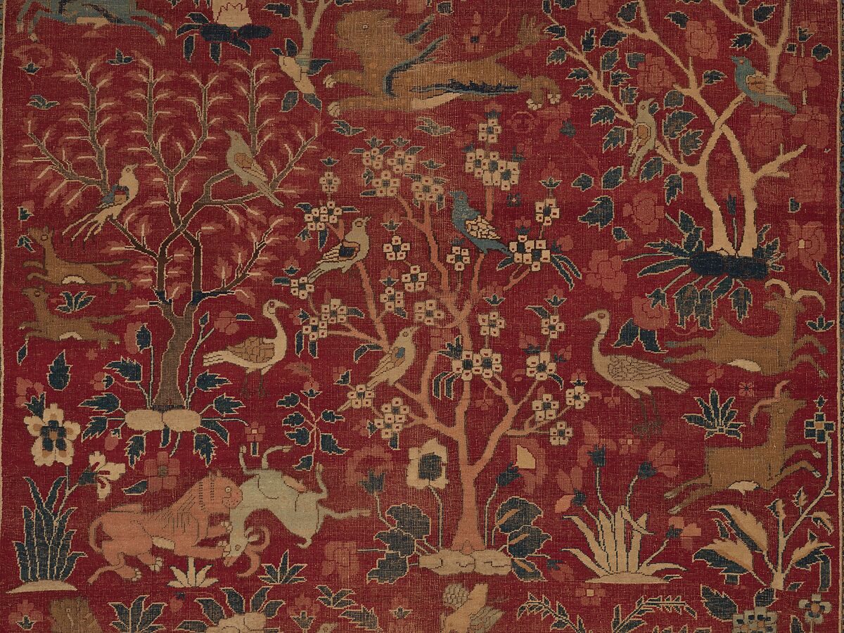 Carpet with Palm Trees, Ibexes, and Birds, Cotton (warp and weft), wool (pile); asymmetrically knotted pile