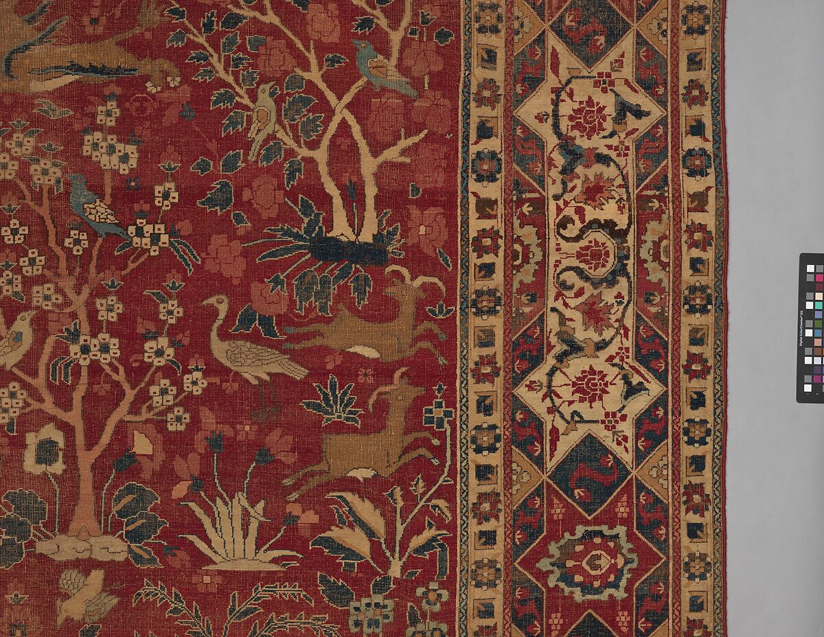 Carpet with Palm Trees, Ibexes, and Birds, Cotton (warp and weft), wool (pile); asymmetrically knotted pile