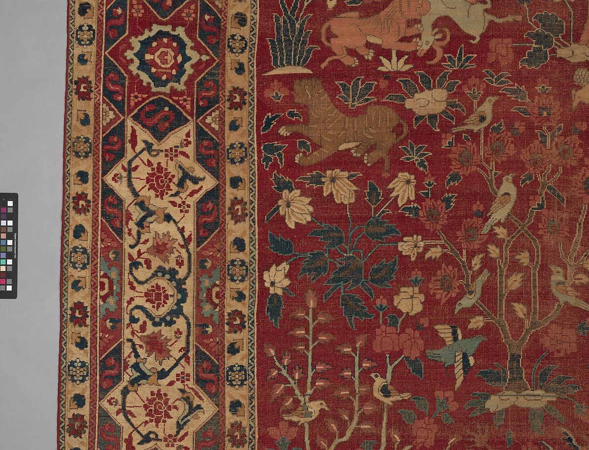 Carpet with Palm Trees, Ibexes, and Birds, Cotton (warp and weft), wool (pile); asymmetrically knotted pile
