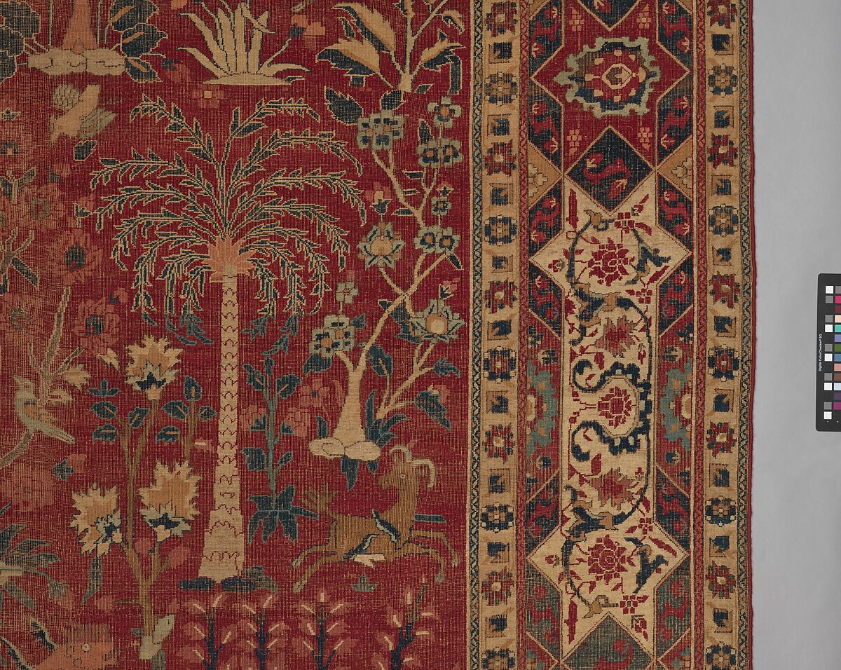 Carpet with Palm Trees, Ibexes, and Birds, Cotton (warp and weft), wool (pile); asymmetrically knotted pile