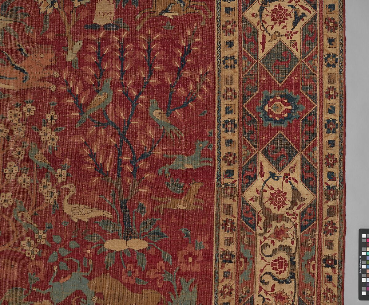 Carpet with Palm Trees, Ibexes, and Birds, Cotton (warp and weft), wool (pile); asymmetrically knotted pile