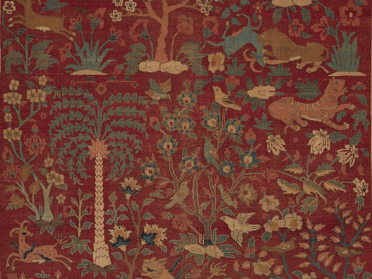 Carpet with Palm Trees, Ibexes, and Birds, Cotton (warp and weft), wool (pile); asymmetrically knotted pile