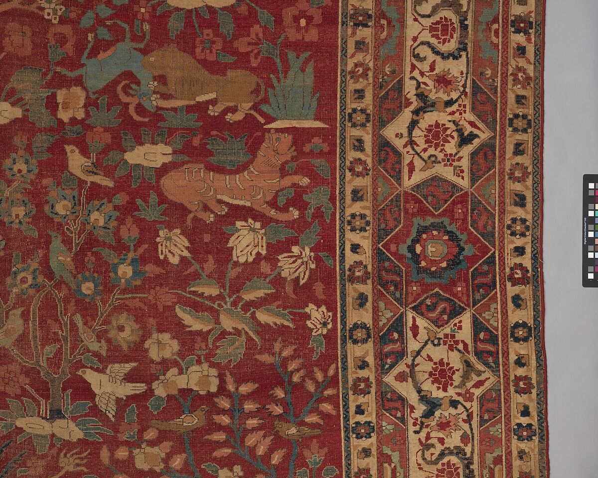 Carpet with Palm Trees, Ibexes, and Birds, Cotton (warp and weft), wool (pile); asymmetrically knotted pile