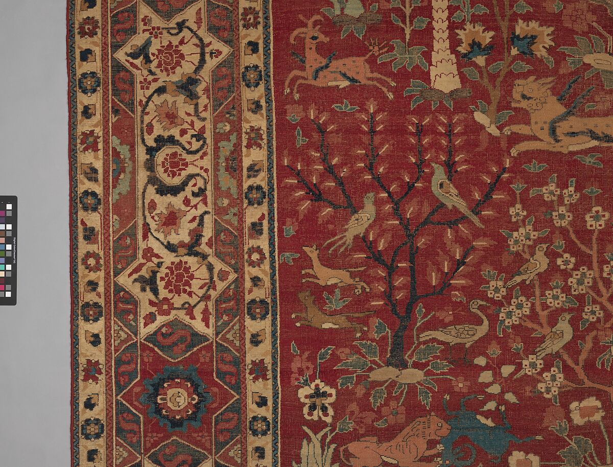 Carpet with Palm Trees, Ibexes, and Birds, Cotton (warp and weft), wool (pile); asymmetrically knotted pile