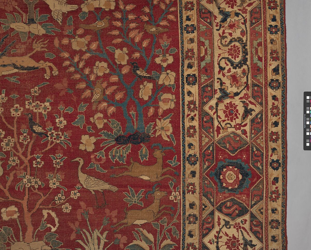 Carpet with Palm Trees, Ibexes, and Birds, Cotton (warp and weft), wool (pile); asymmetrically knotted pile