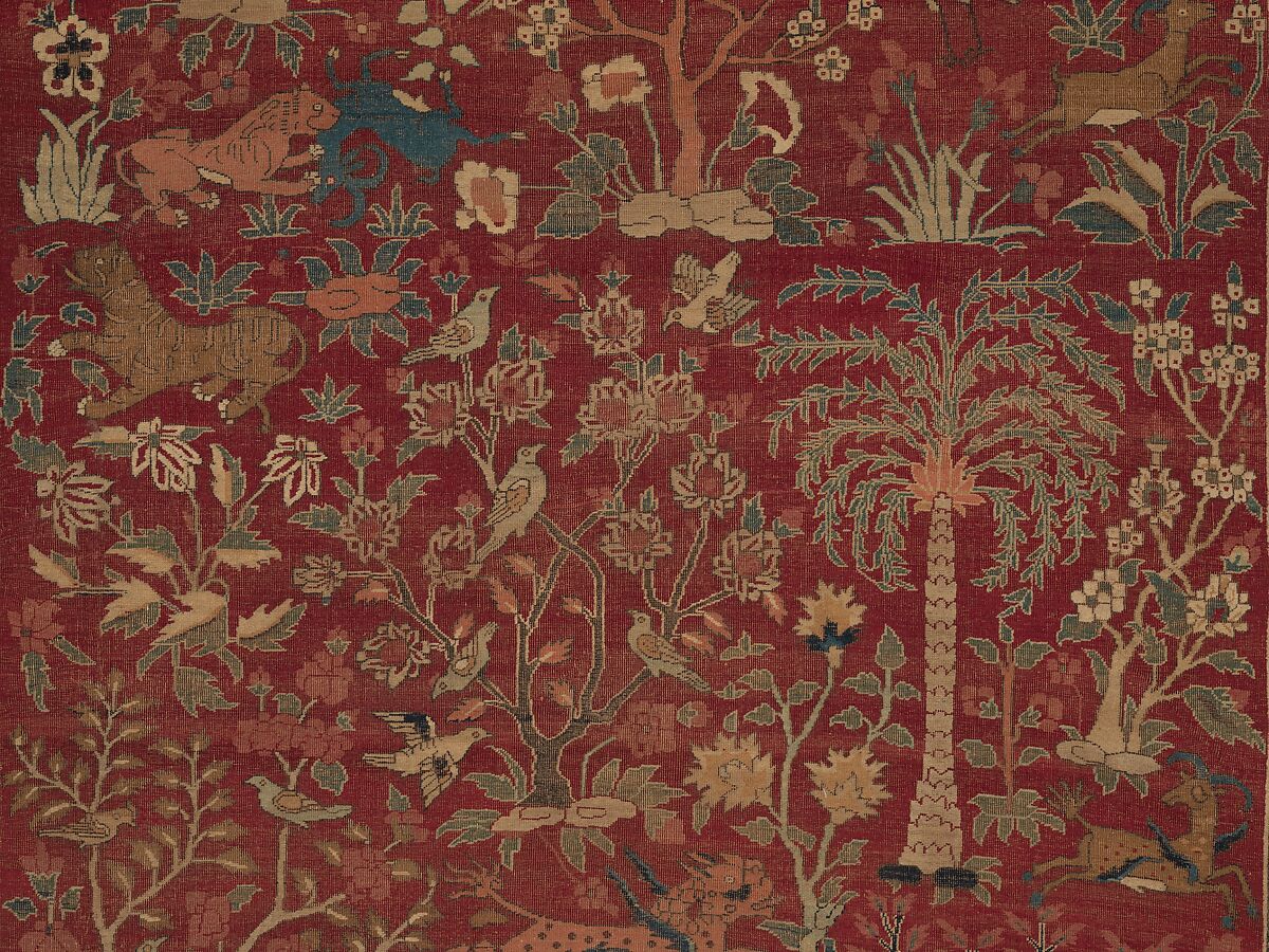 Carpet with Palm Trees, Ibexes, and Birds, Cotton (warp and weft), wool (pile); asymmetrically knotted pile