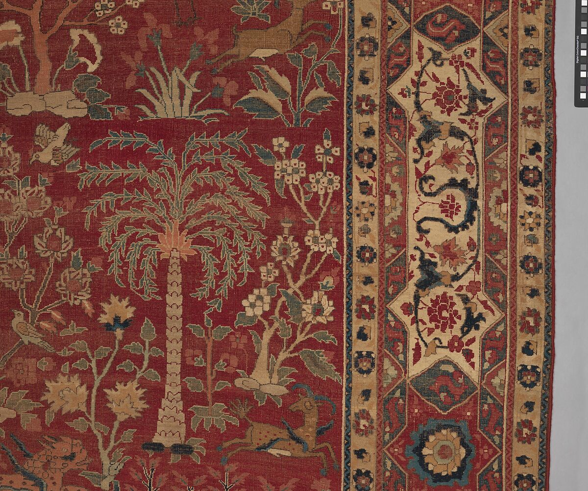 Carpet with Palm Trees, Ibexes, and Birds, Cotton (warp and weft), wool (pile); asymmetrically knotted pile