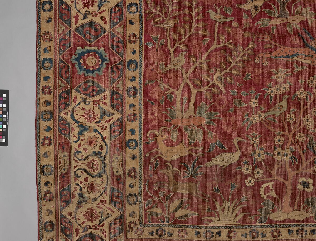Carpet with Palm Trees, Ibexes, and Birds, Cotton (warp and weft), wool (pile); asymmetrically knotted pile