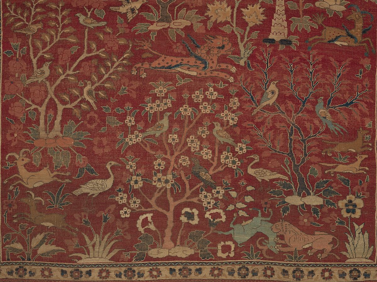 Carpet with Palm Trees, Ibexes, and Birds, Cotton (warp and weft), wool (pile); asymmetrically knotted pile
