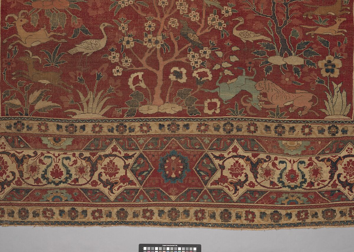 Carpet with Palm Trees, Ibexes, and Birds, Cotton (warp and weft), wool (pile); asymmetrically knotted pile