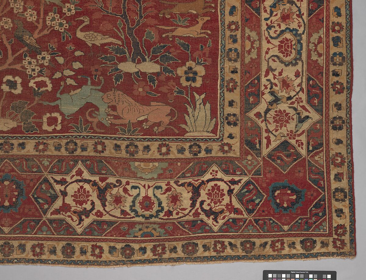 Carpet with Palm Trees, Ibexes, and Birds, Cotton (warp and weft), wool (pile); asymmetrically knotted pile