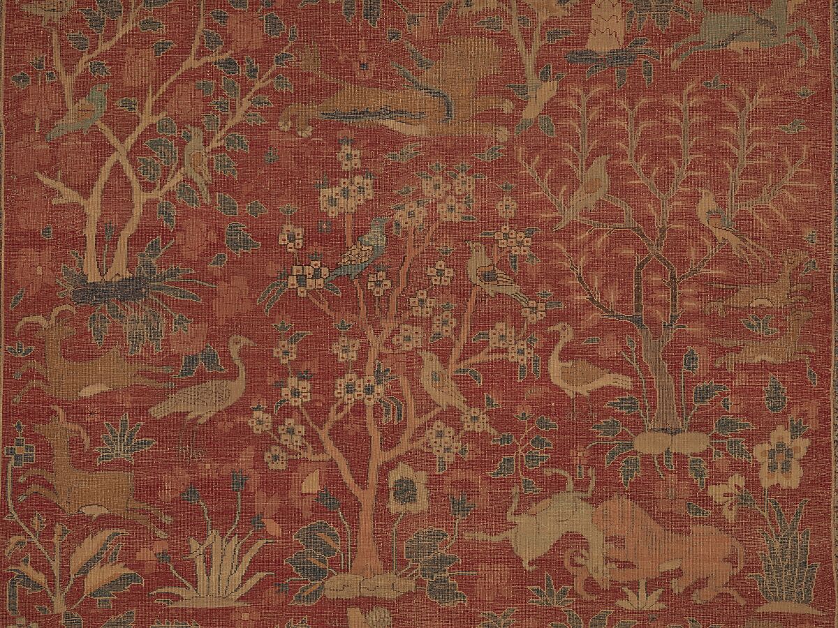 Carpet with Palm Trees, Ibexes, and Birds, Cotton (warp and weft), wool (pile); asymmetrically knotted pile