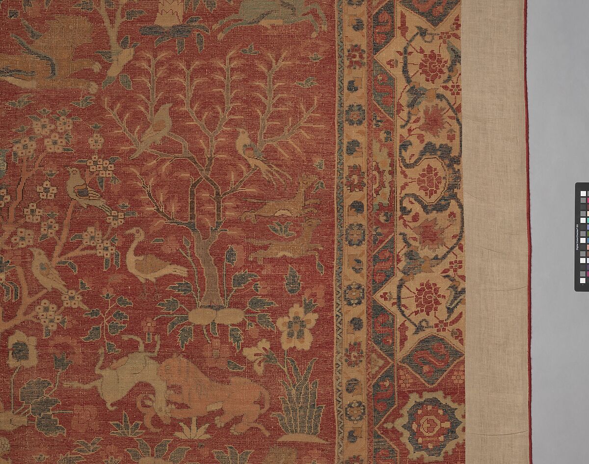 Carpet with Palm Trees, Ibexes, and Birds, Cotton (warp and weft), wool (pile); asymmetrically knotted pile